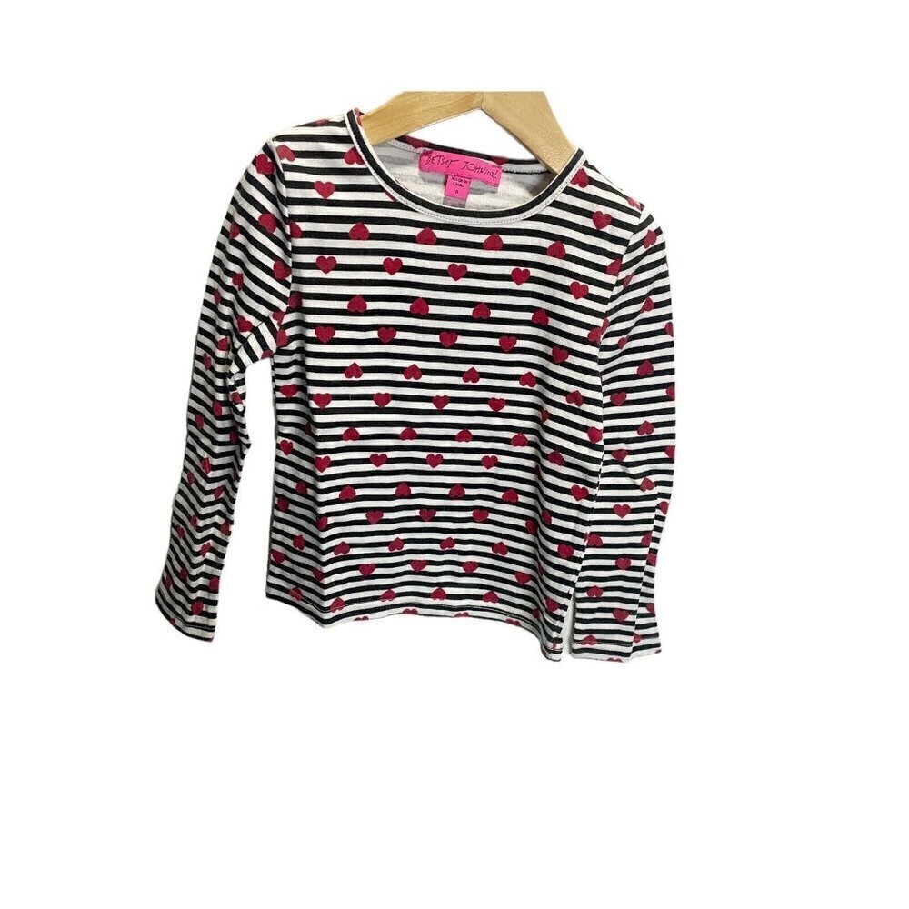 Betsey Johnson Shirt Kids 6 Black White Striped Pink Glitter Heart Long Sleeve